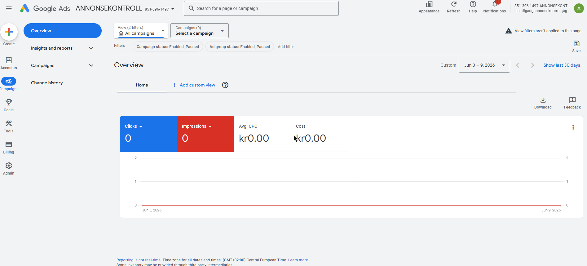 Google Ads åpnet etter innlogging